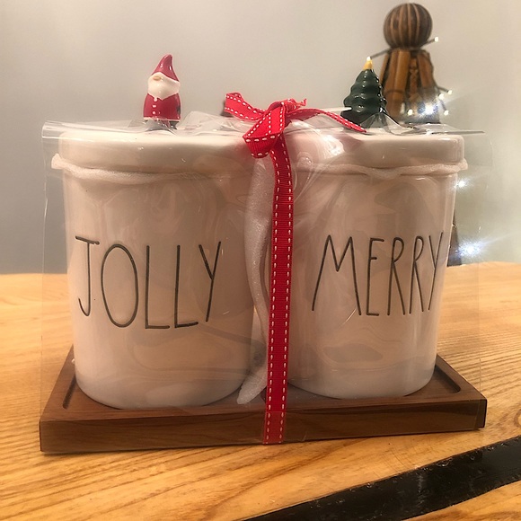 RAE DUNN: Christmas Canister Set - Jolly & Merry - Wooden Stand - Lid Toppers